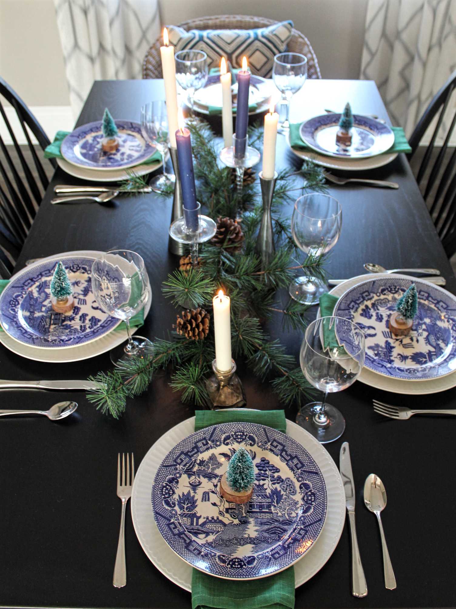 Blue and green table setting with Blue Willow dinnerware- The Hunted & Gathered