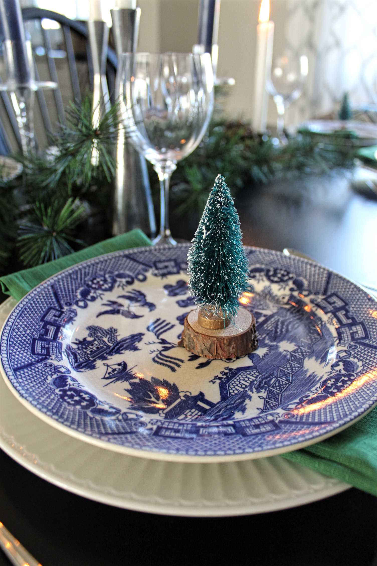 Blue and green table setting with bottle brush trees - The Hunted & Gathered